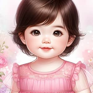 Beautiful East Asian Baby Girl in Pink Dress - Digital Art Illustration