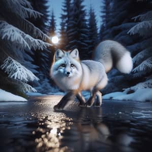 Silver Fox Striding Through Snowy Forest