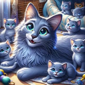 Joyful Blue Russian Cat Surrounded by Family-Inspiring Scene