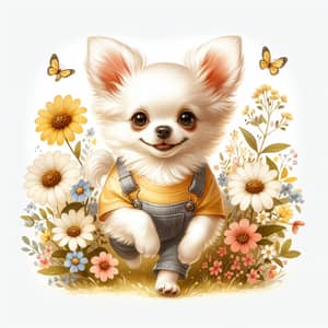 Fluffy Chihuahua in White | Yellow T-Shirt & Overalls | Field of Flowers