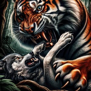 Fierce Tiger Capturing Gray Wolf in Lush Jungle