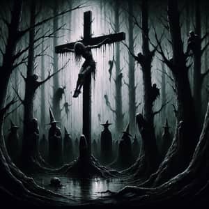 Dark Ominous Painting of Cursed Woman on Wooden Cross in Gloomy Forest