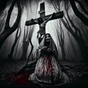 Dark Forest Gothic Scene: Hispanic Woman Tormented on Cross
