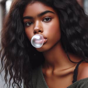 Young Black Woman Blowing Bubble with Chewing Gum