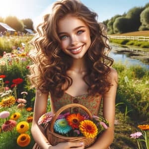 Radiant Young Girl in Vibrant Flower Field - Joyful Scene