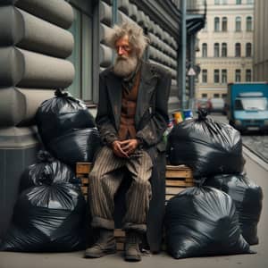 Wealthy Homeless Russian Man Amid Garbage Bags