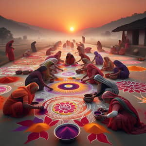 Diverse Women Creating Intricate Rangoli Designs at Sunrise