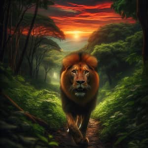Majestic Lion Striding in Forest at Sunset