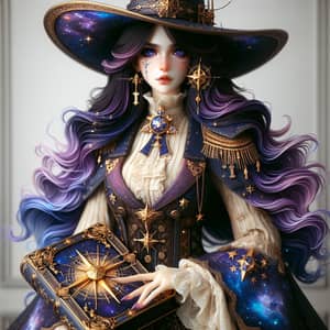 Celestial Astrologer with Purple Hair and Star Chart Book