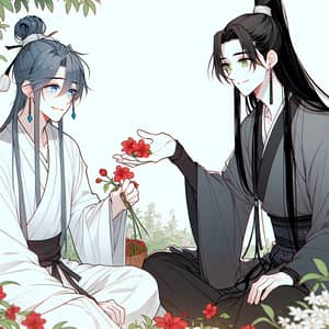 Manhwa Style Garden Scene: Young Men with Blue and Black Hair