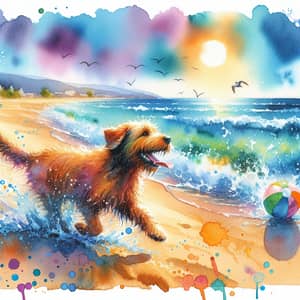 Vibrant Beach Scene Watercolour Painting of a Playful Pet