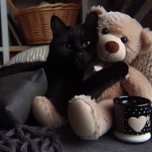 Black Cat Embracing Teddy Bear - Cute and Heartwarming