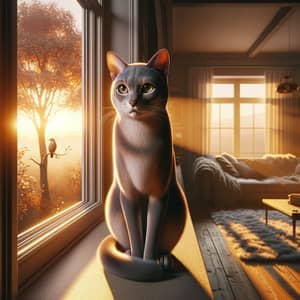 Sleek Cat Watching Sunset with Focused Eyes