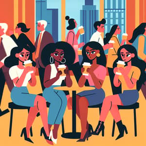 Diverse Women Drinking Coffee in Busy Office - Modern Animation Style