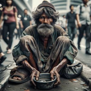 Resilient South Asian Man on City Sidewalk | Street Alms Collector