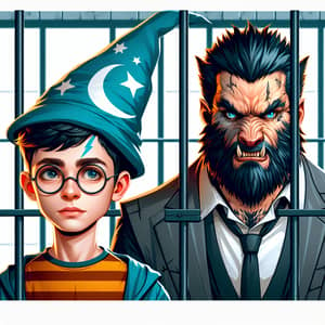 Boy Wizard and Rugged Man in Digital Art Prison Scene