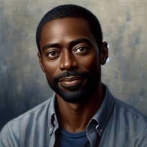 Realistic Portrait of Kindly Black Man in Casual Blue Shirt