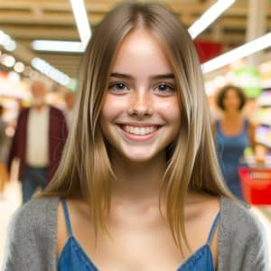 Beautiful Teenage Girl with Blonde Hair in Supermarket