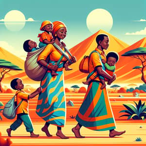African Woman Carrying Husband and Children in Vibrant Landscape