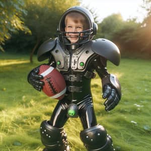 Energetic Young Boy in Football Gear on Green Field