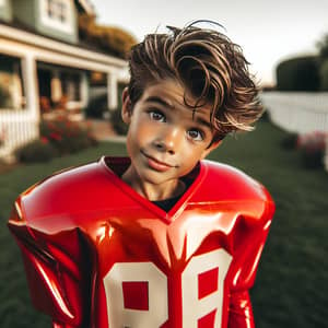 Excited Young Boy in Red Latex Football Jersey