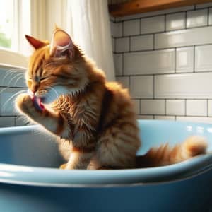 Orange Tabby Cat Grooming in Cozy Bathtub | Pet Care