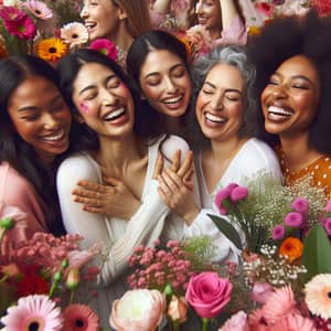 International Women's Day Celebration with Multiracial Women and Vibrant Flowers