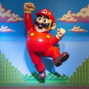 Classic Video Game Character in Vivid Red Overalls Jumps Joyfully