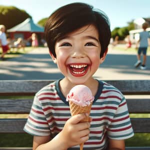 Happy Asian Boy Enjoying Strawberry Ice Cream in the Park