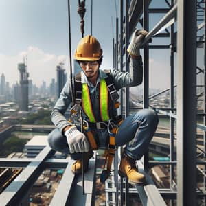 South Asian Male Worker in PPE on Skyscraper Girder | Construction Site