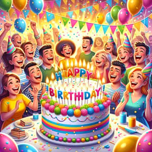 Cheerful Birthday Scene with Colorful Cake and Happy People