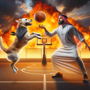Dog Playing Basketball with Man in Traditional Clothing