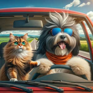 Humorous Cat and Dog Driving Scene | Countryside Joy Ride