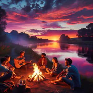 Serene Summer Evening Twilight with Friends by Campfire