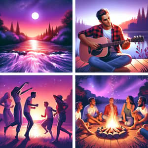 Twilight Summer Scene: River, Campfire, Music & Friends