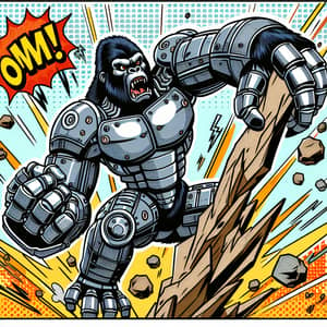 Giant Robot Gorilla Climbing Wall with Explosions - Comic Style Art