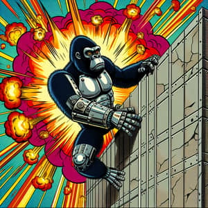 Gorilla-Shaped Robot Climbing Wall with Comic-Style Explosions