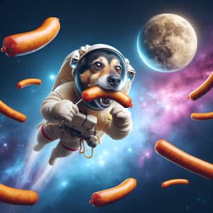 Dog Flying in Outer Space Munching on Sausages