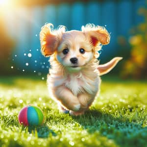 Playful Puppy Running in Sunlight on Green Lawn