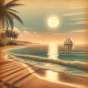 Tranquil Coastal Landscape with Sandy Beach and Sailboat