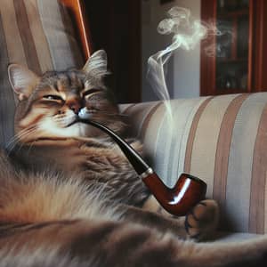 Domestic Cat Smoking Pipe in Comfortable Chair