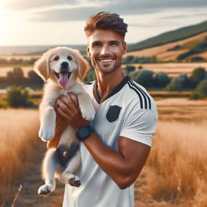 Professional Footballer with Happy Dog in Natural Landscape