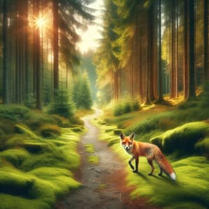 Tranquil Forest Scene with Graceful Fox Walking on Dirt Path