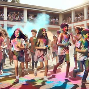 Diverse Kids Celebrate Holi in School Campus | Joyful Scene
