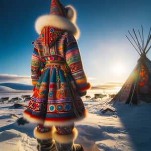 Sámi Person in Traditional Clothing Standing in Snowy Landscape