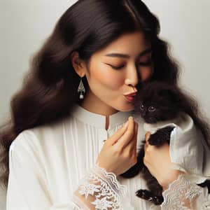 South Asian Woman Kissing Black Kitten | Lovely Image
