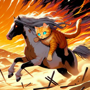 Ginger Cat Guiding Piebald Horse Through Cyberpunk Sandstorm