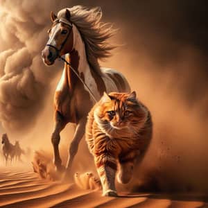 Ginger Cat Leading Piebald Horse Through Desert Sandstorm