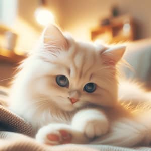 Fluffy White Cat with Bright Blue Eyes in Serene Setting