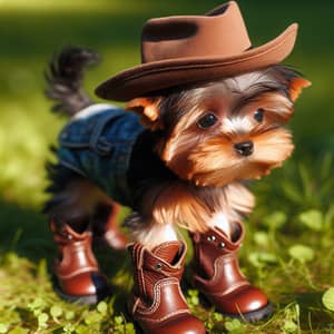 Adorable Yorkshire Terrier in Boots and Hat on Grass